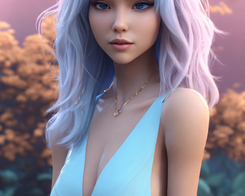 3D illustration of a woman with pastel purple hair and blue eyes in serene nature setting