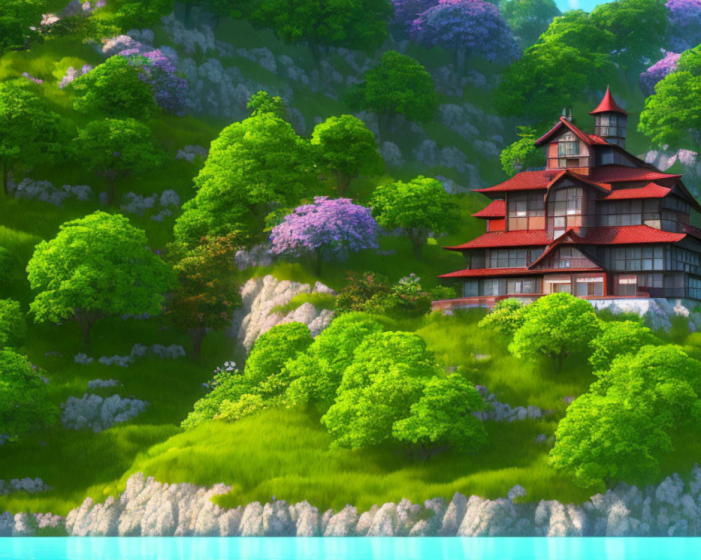 Traditional red-roofed house surrounded by green hills and blooming trees near tranquil water.