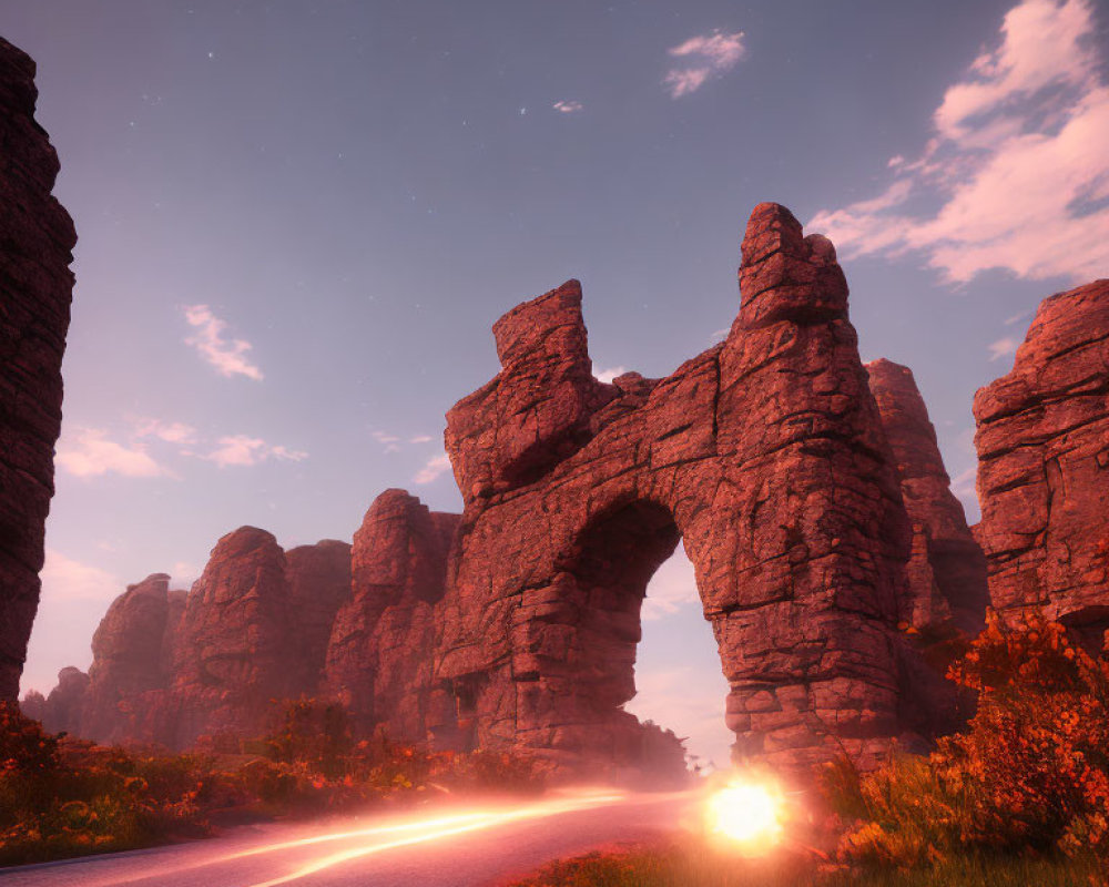 Scenic road passing through tall rock arch at sunset