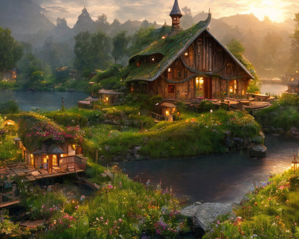 Thatched Roof Countryside House with Gardens and River at Sunset