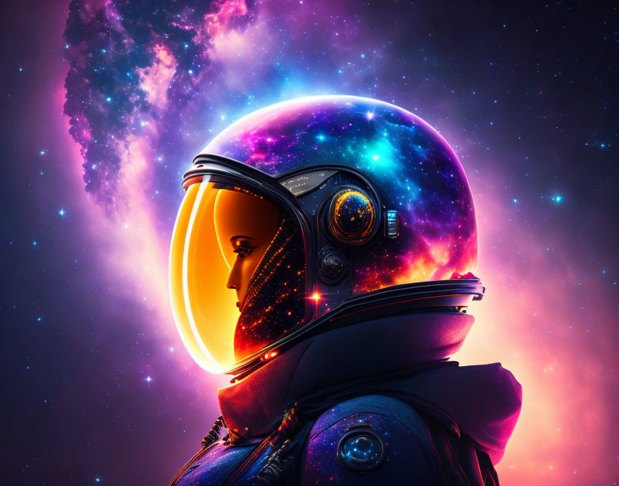 Colorful Astronaut Illustration with Reflective Helmet in Cosmic Space