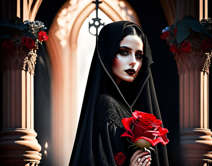 Gothic woman in dark attire with red rose in ornate setting