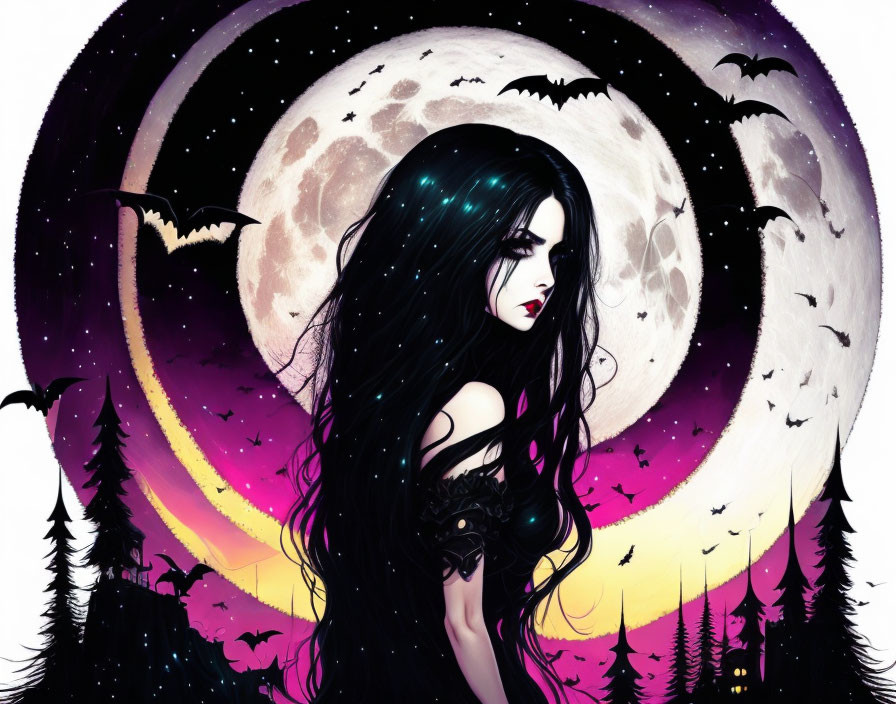 Illustrated gothic woman with dark hair under vibrant full moon