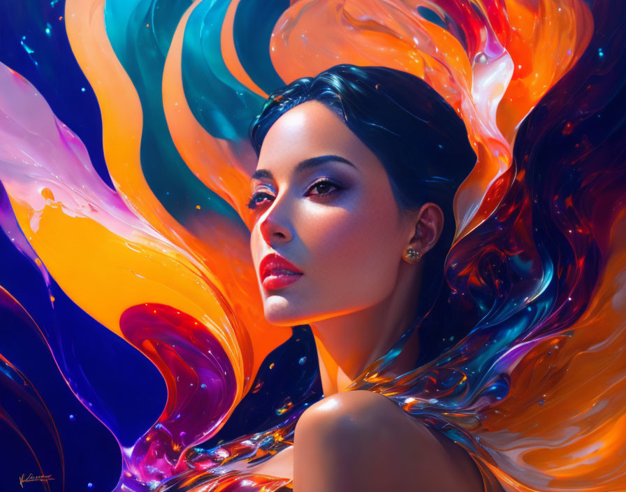 Dark-haired woman surrounded by vibrant cosmic colors