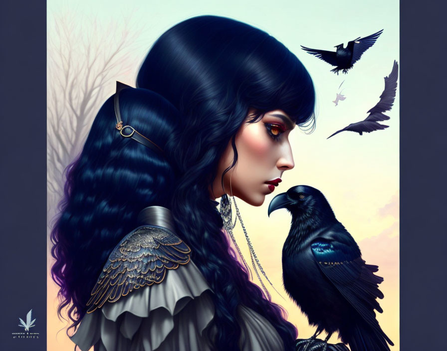 Fantasy-themed digital artwork: Woman with dark hair, raven on shoulder, flying ravens