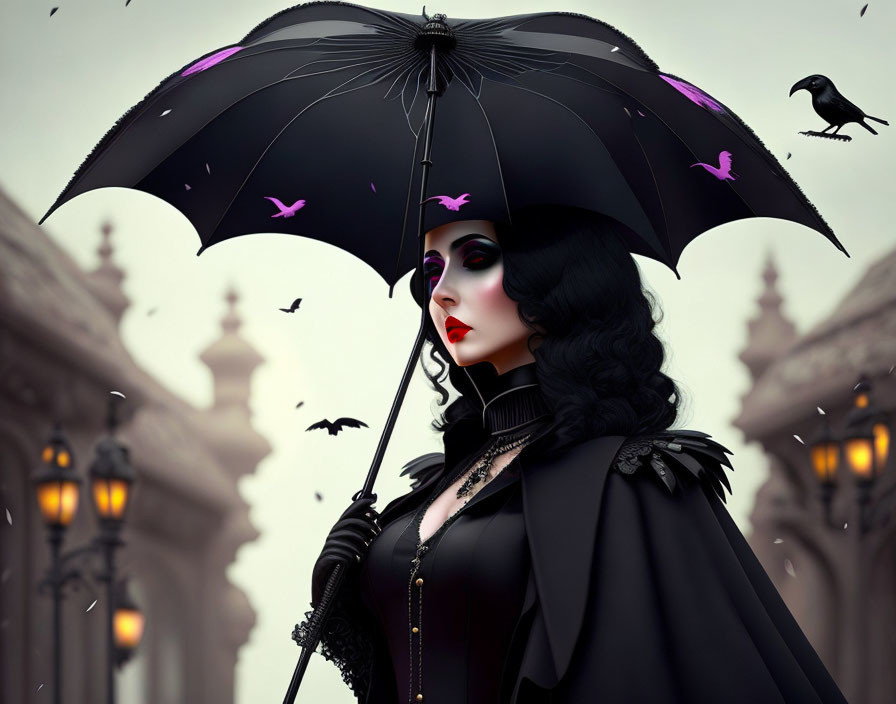 Gothic woman with black hair holding bat-themed umbrella in misty, lamplit setting.