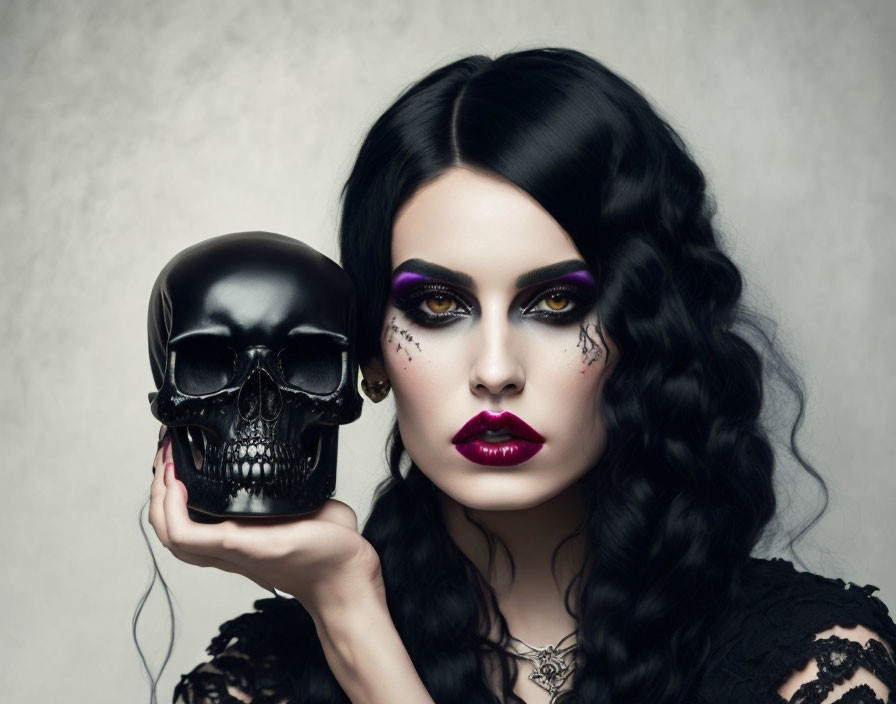 Dark-haired woman with gothic makeup holding black skull on grey background