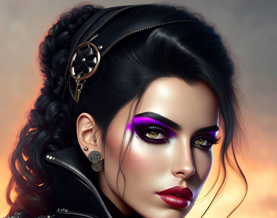 Portrait of a Woman with Green Eyes, Purple Eyeshadow, Braided Hair, and Leather Jacket