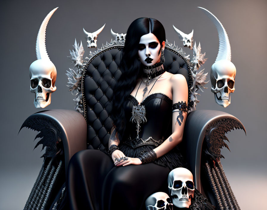 Gothic digital artwork: Woman with dark makeup on skull-adorned throne