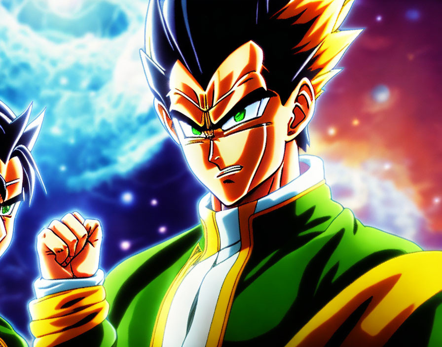 Spiky-haired animated character in green and orange outfit against cosmic backdrop