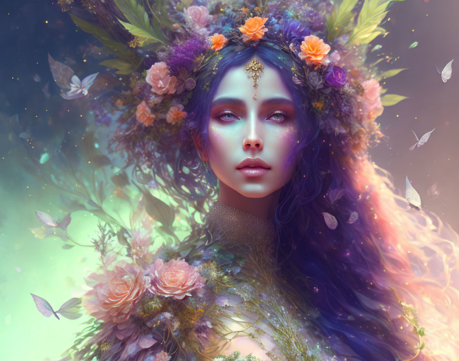 Fantasy portrait of woman with flower crown, butterflies, and colorful aura