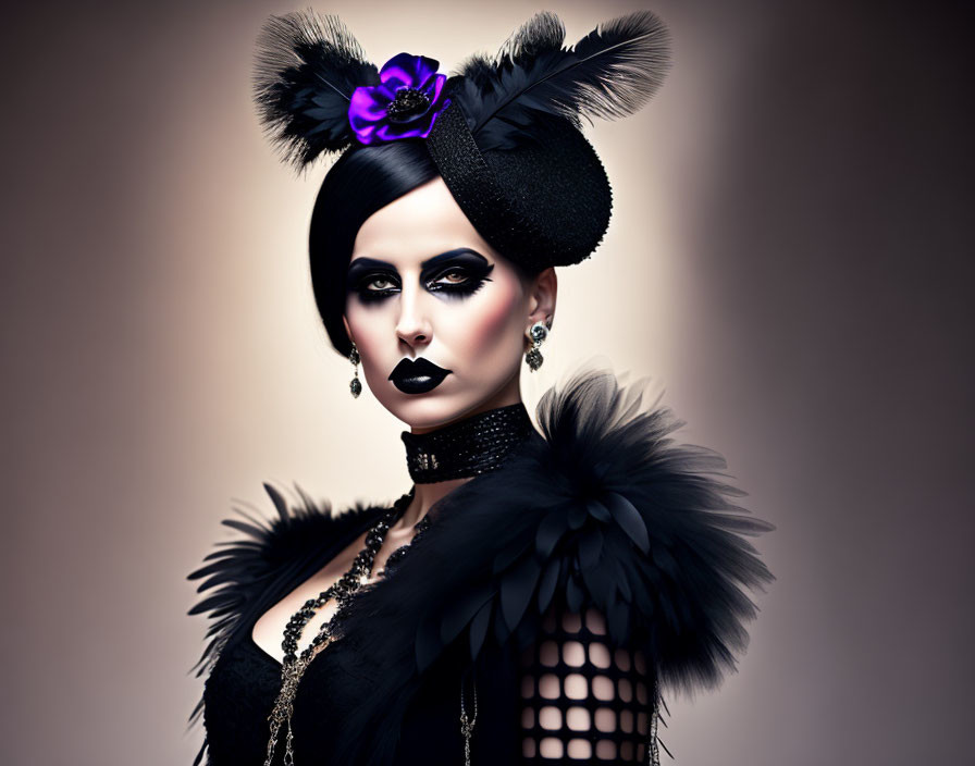 Stylized portrait of woman with dark makeup and elaborate black outfit