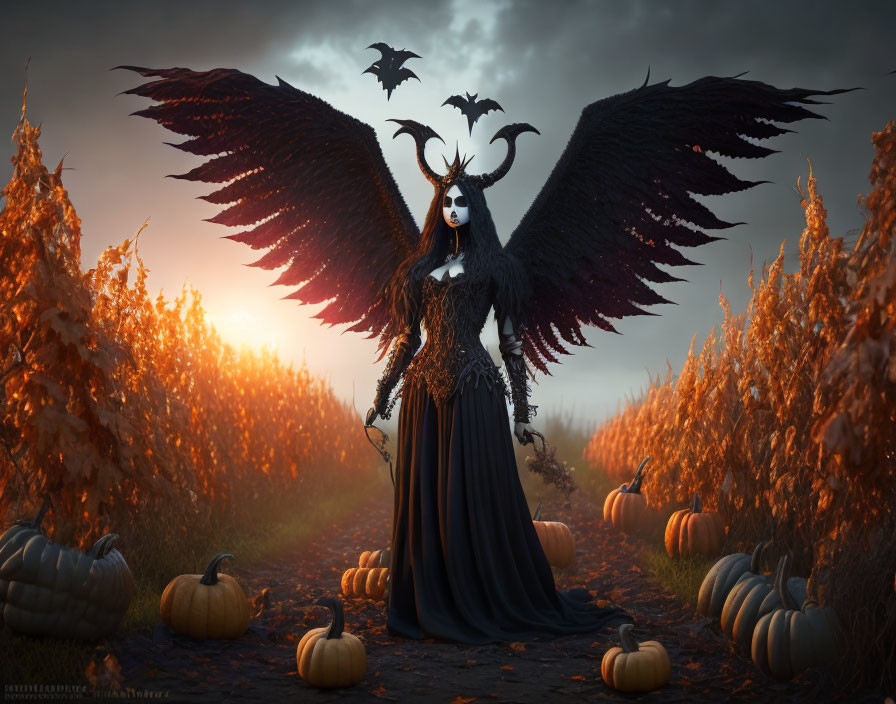 Gothic figure with black wings in autumnal field with pumpkins and bats