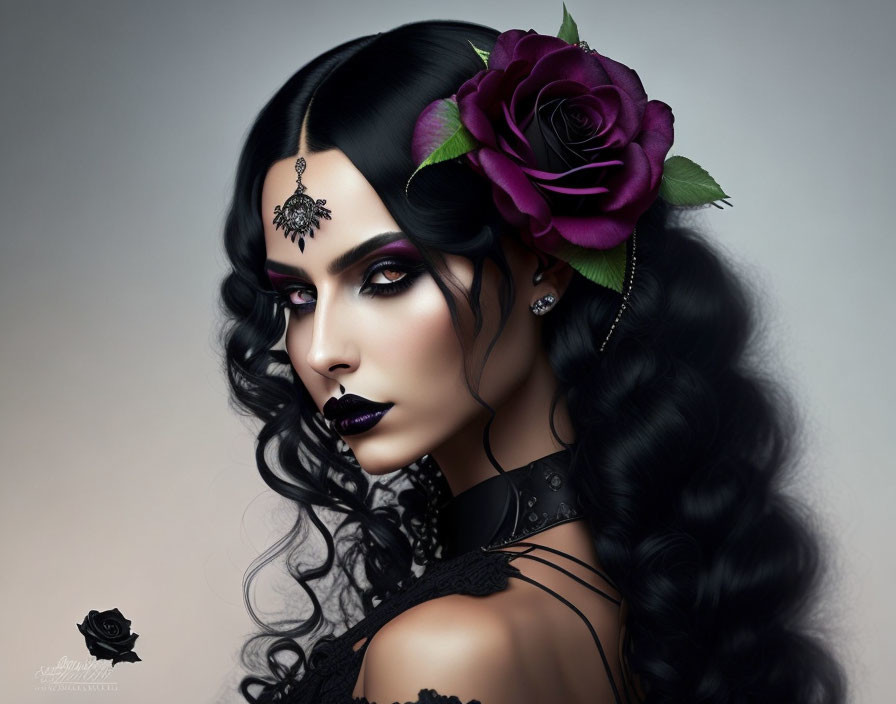 Portrait of woman with dark curly hair, purple rose, gothic choker, dark makeup on grey