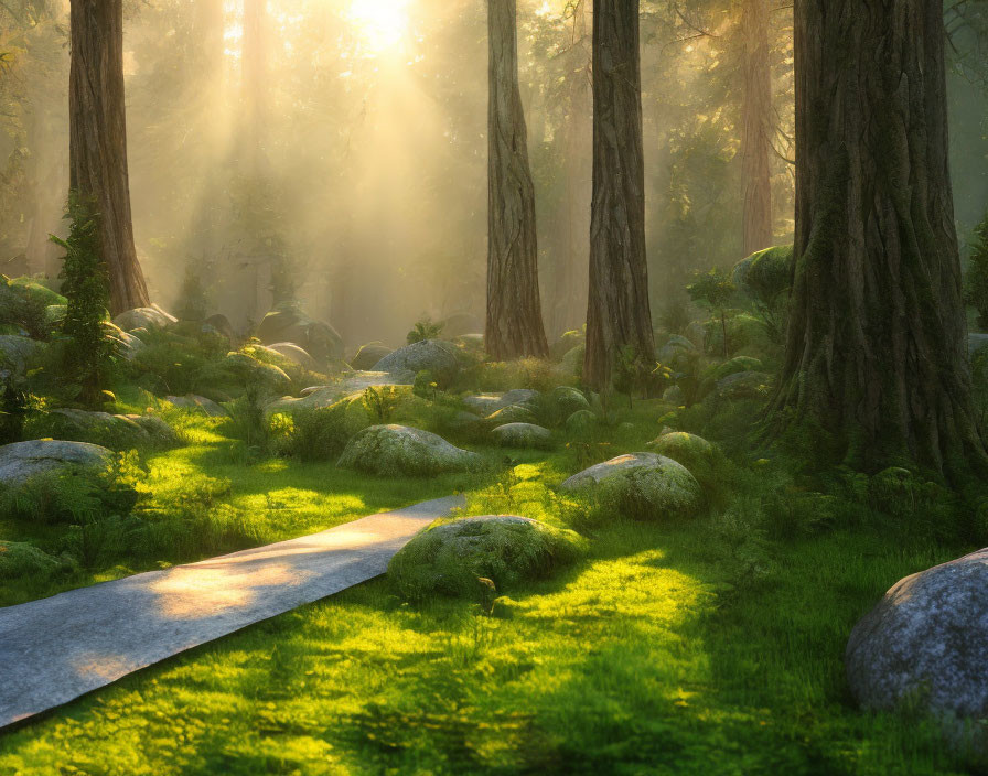 Tranquil forest path with sunlight, moss, and rocks