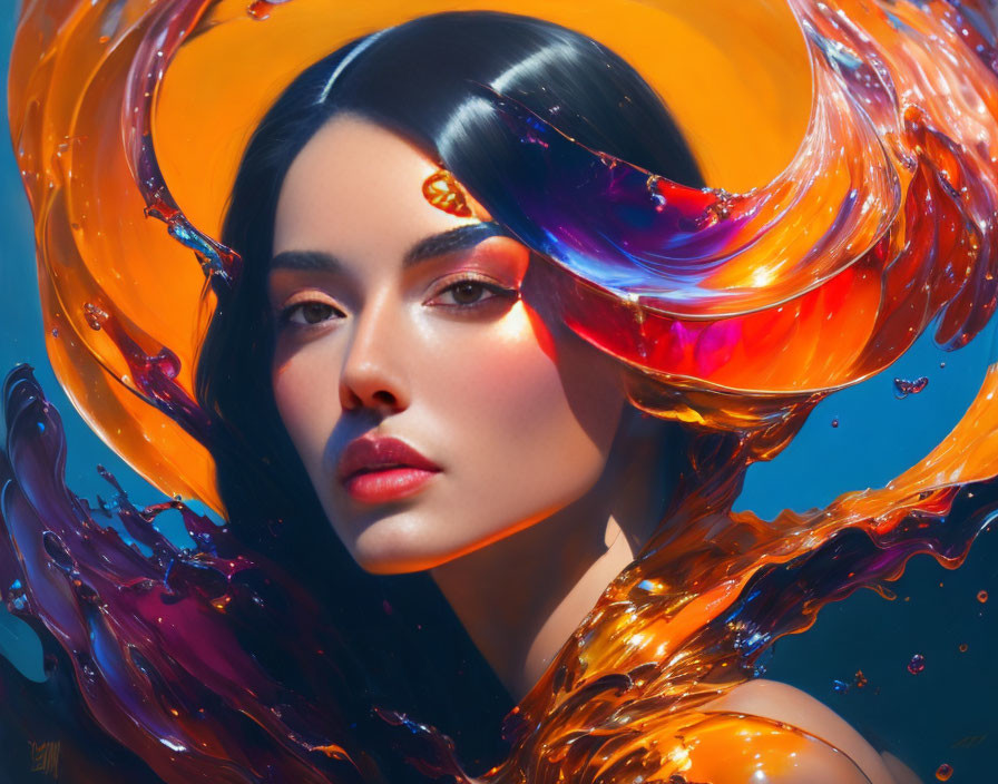 Digital Art Portrait: Woman with Glossy Black Hair and Vibrant Swirling Background