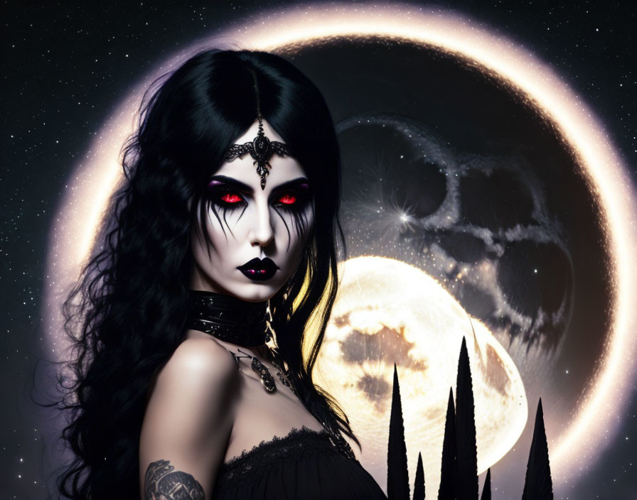 Gothic woman with red eyes in moonlit mountain landscape