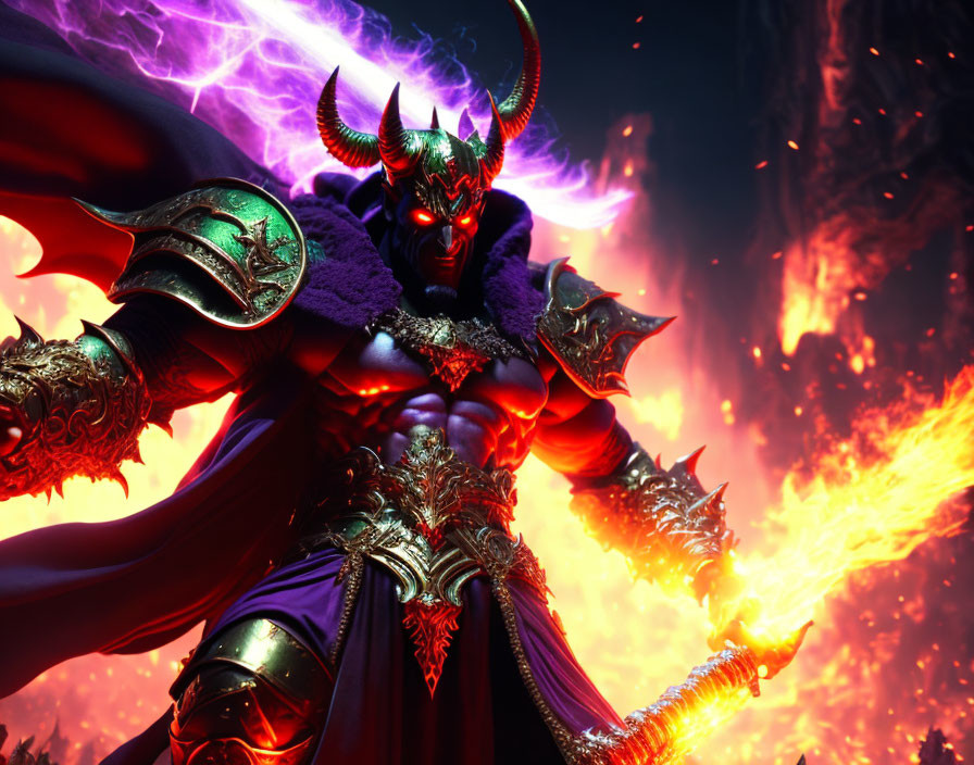 Menacing demon with horns and red eyes in intricate armor against fiery backdrop with purple lightning.