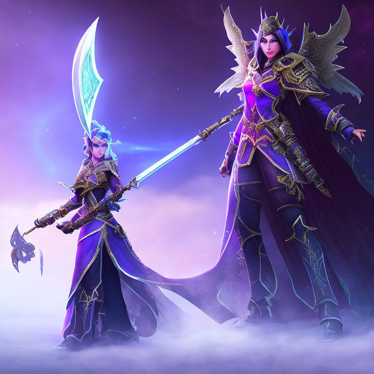 Fantasy characters in purple and gold armor with blue swords on mystical backdrop