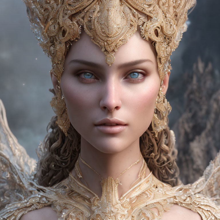 Portrait of woman with blue eyes, gold headpiece, misty background