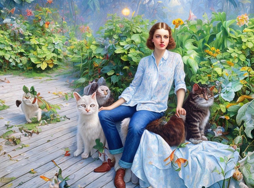 Woman in casual attire with five cats on wooden path in lush greenery