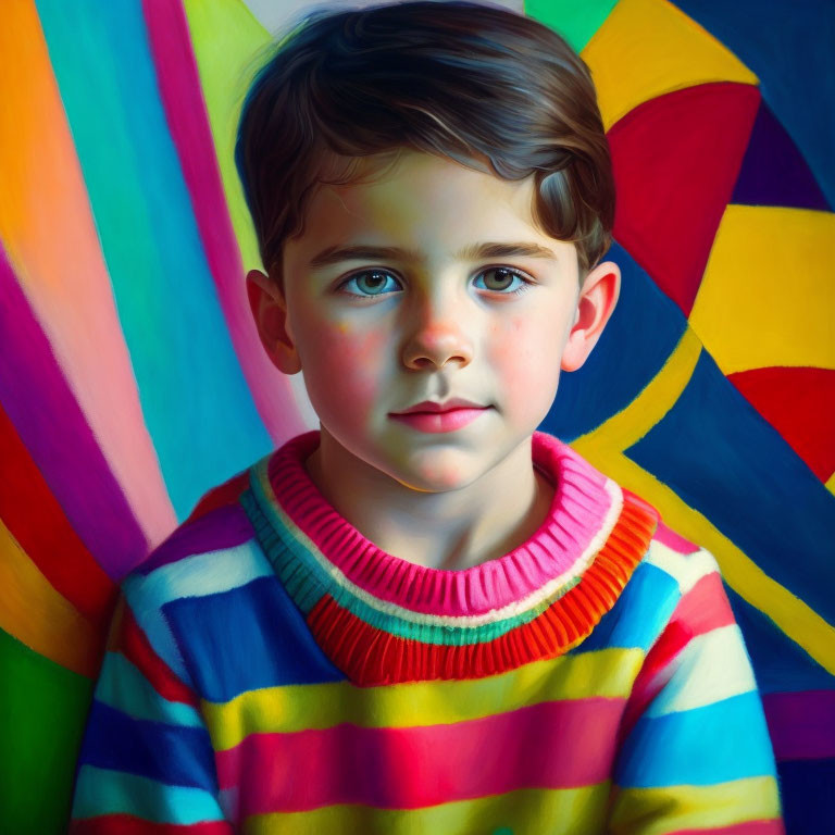 Colorful Portrait of Young Boy in Striped Sweater on Abstract Background