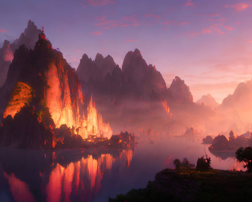 Mystical sunrise landscape with luminous cliffs, waterfalls, river, village, and fog-covered