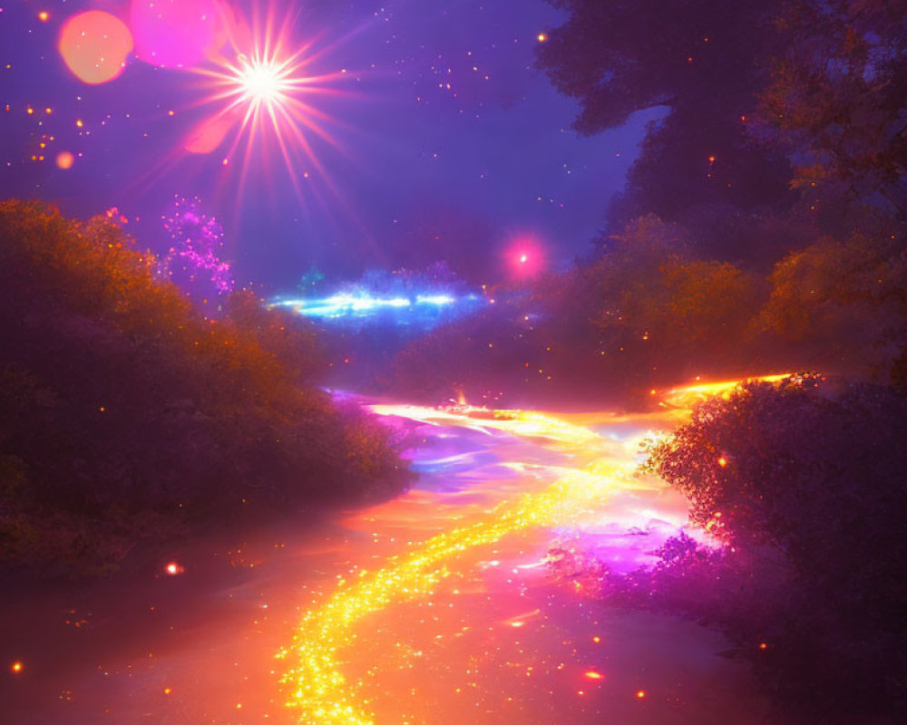 Enchanting forest scene with glowing river and starry sky