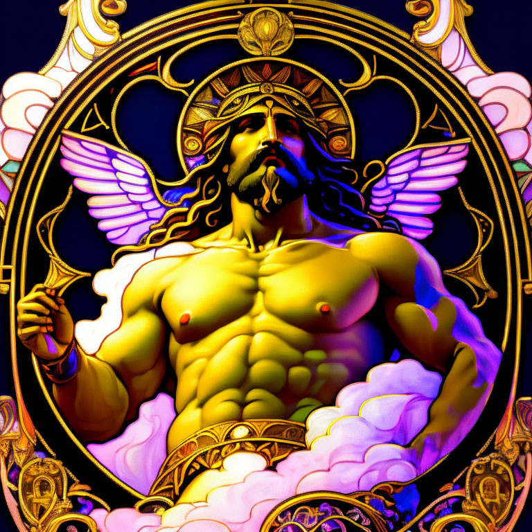 Muscular winged figure in helmet framed by ornate circle on dark background.