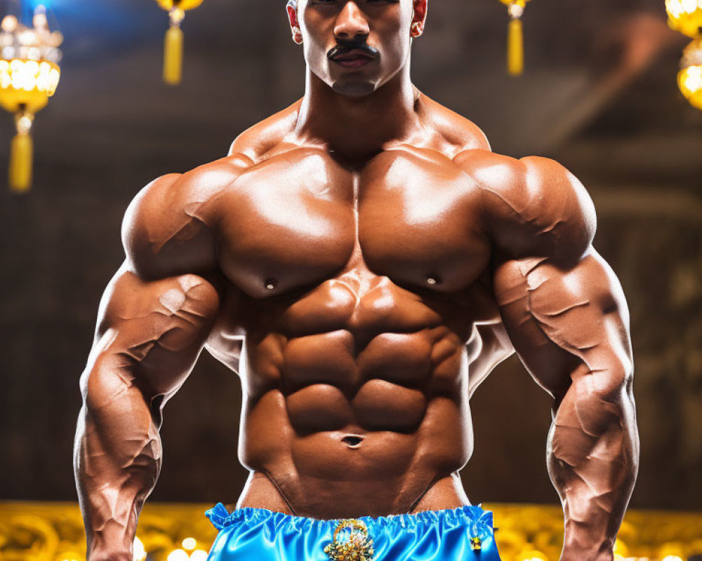 Muscular man posing in luxurious room with chandeliers in blue shorts