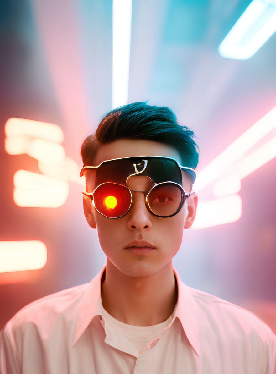 Person in Flip-Up Sunglasses Standing in Front of Vibrant Neon Lights