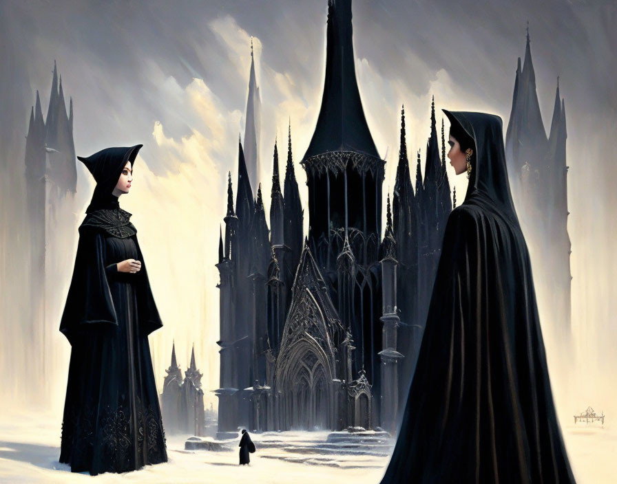 Gothic fantasy art: Two robed figures in mysterious setting