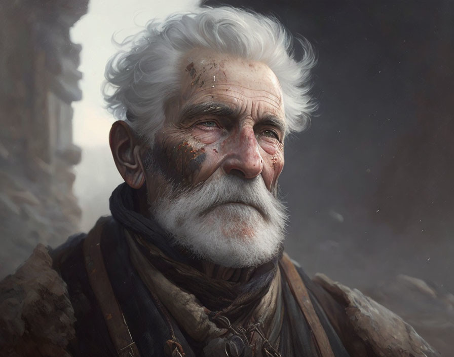 Elderly man with white hair and beard displaying battle scars and dirt, looking into the distance