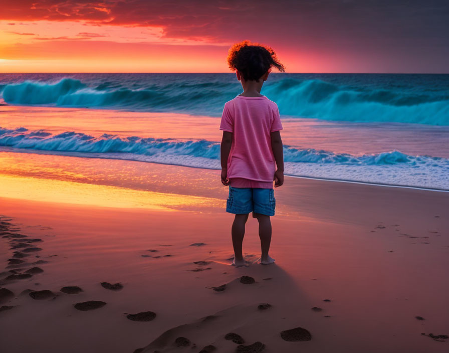 Child on Beach at Sunset Watching Waves and Footprints