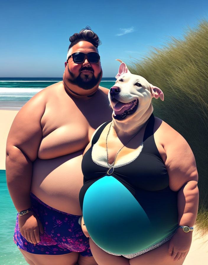 Cheerful plus-sized person in black swimsuit with beach ball and dog on sandy beach