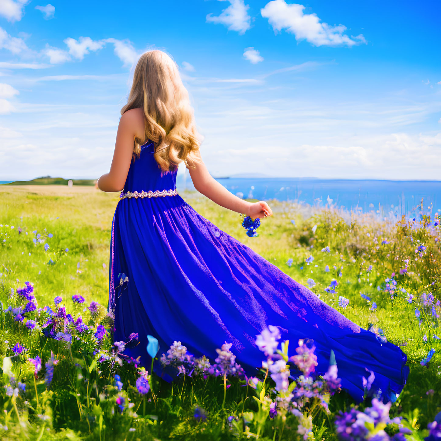 Woman in Flowing Blue Dress Surrounded by Wildflowers and Blue Sky