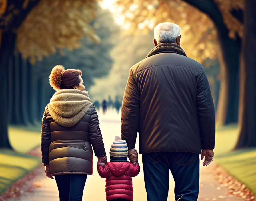 Family of Three Walking Hand-in-Hand in Autumn Setting