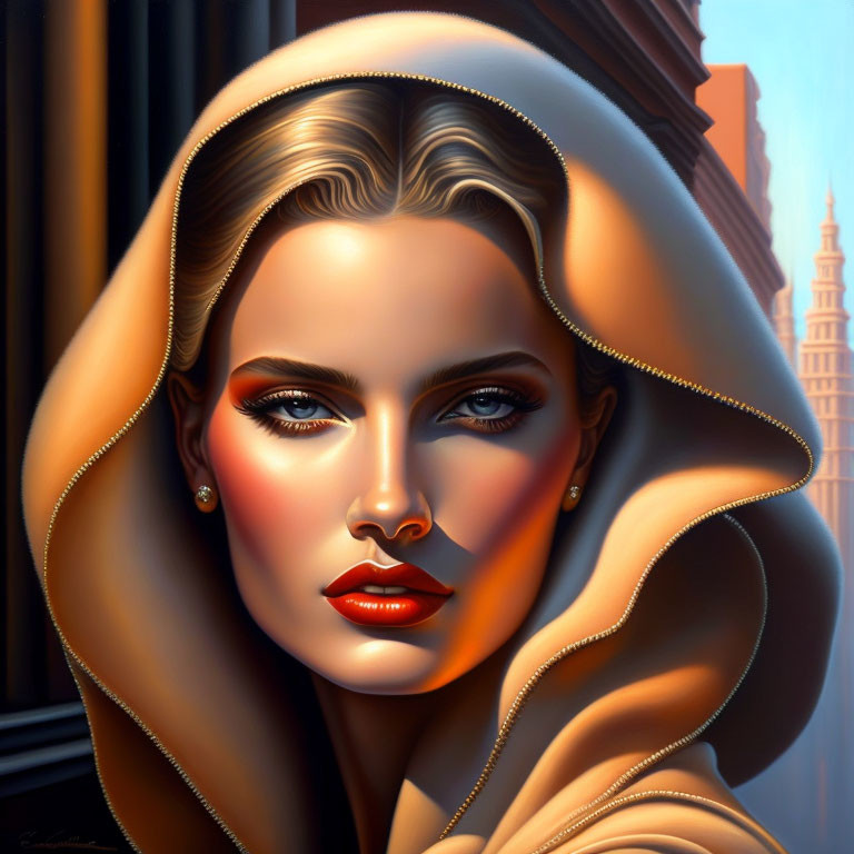 Digital painting of woman in hood with shadows and highlights against urban backdrop