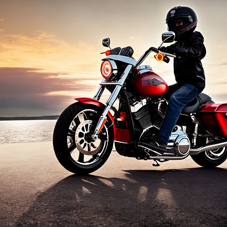 Person in Black Helmet Rides Red Motorcycle by Lakeside at Sunset