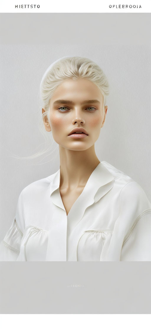 Pale-skinned model with platinum blonde hair in white blouse on cream backdrop.