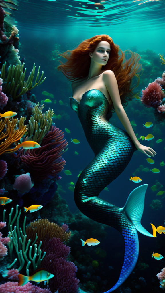 Red-haired mermaid swimming among coral and fish in underwater scene