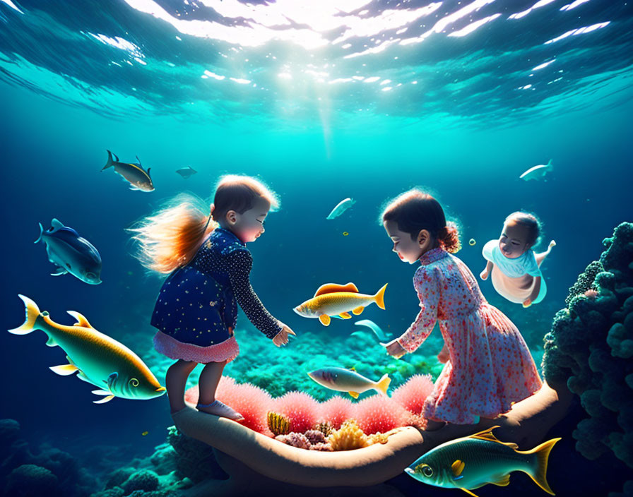 Underwater Scene: Children on Coral Outcrop with Fish