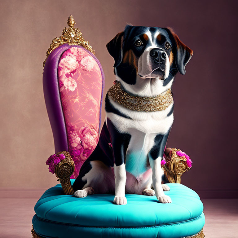 Black, White, and Brown Fur Dog Sitting on Royal Stool with Gold Necklace