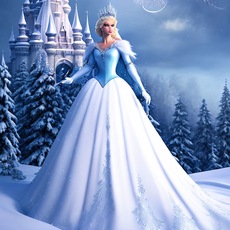 Fairytale princess doll in blue and white gown in snowy landscape with castle.