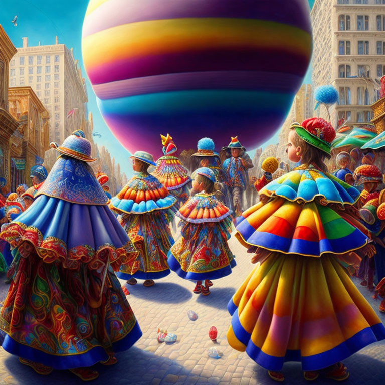 Colorful Traditional Costumes and Giant Balloon at Vibrant Street Parade