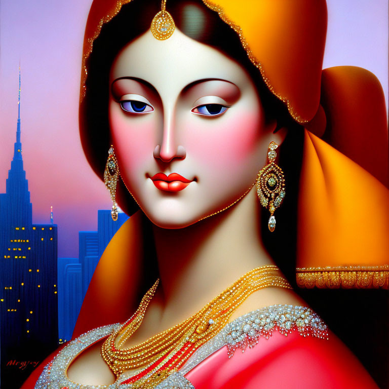 Digital artwork featuring woman in South Asian attire against city skyline on gradient sky.