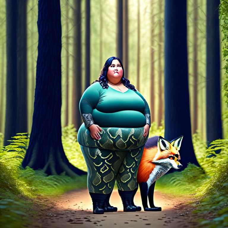 Surreal image: Plus-sized woman with mermaid leggings and fox in magical forest