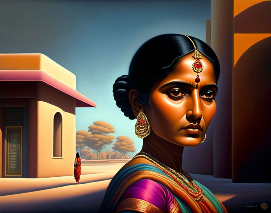 Traditional Indian jewelry and attire painting with woman gazing, background figure walking.