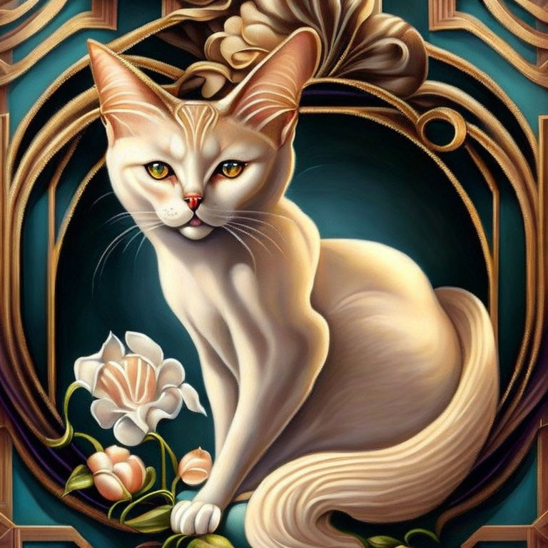 Stylized painting of cream-colored cat with amber eyes and art nouveau elements