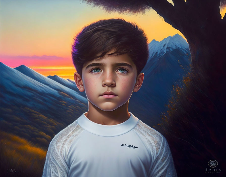 Digital artwork: Young boy with dark hair and blue eyes in mountain sunset scene